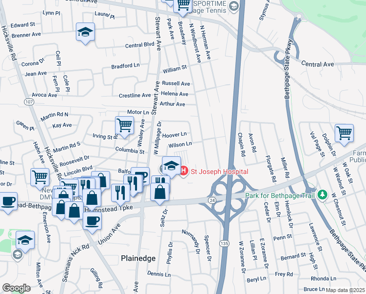 map of restaurants, bars, coffee shops, grocery stores, and more near 20 Wilson Lane in Bethpage