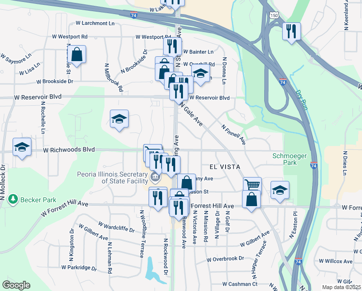 map of restaurants, bars, coffee shops, grocery stores, and more near 3408 North Sterling Avenue in Peoria