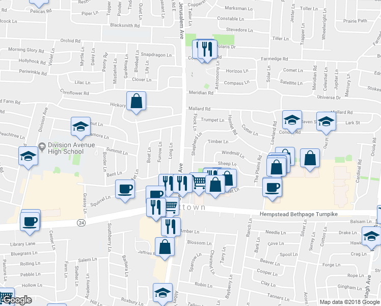 map of restaurants, bars, coffee shops, grocery stores, and more near 64 Shepherd Lane in Levittown