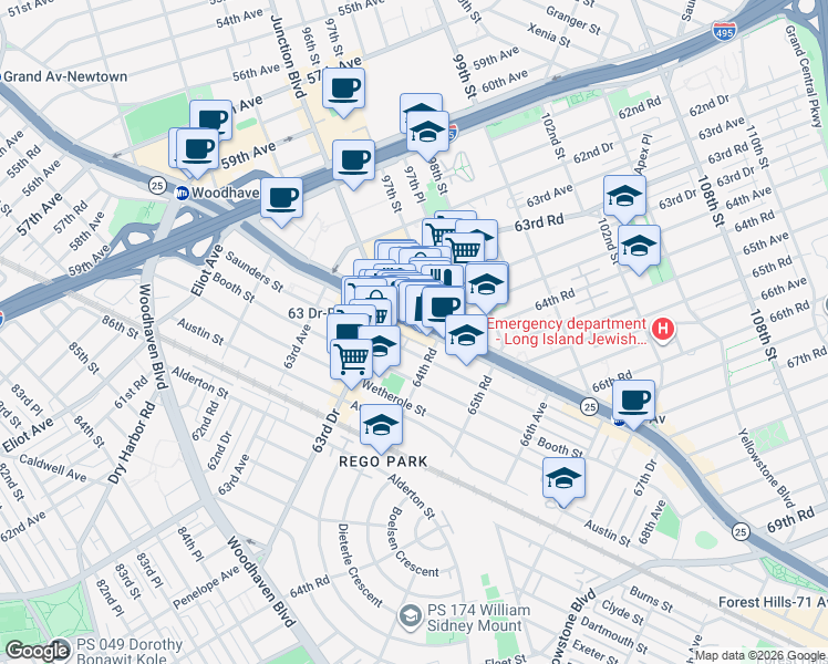 map of restaurants, bars, coffee shops, grocery stores, and more near 96-40 Queens Boulevard in Queens