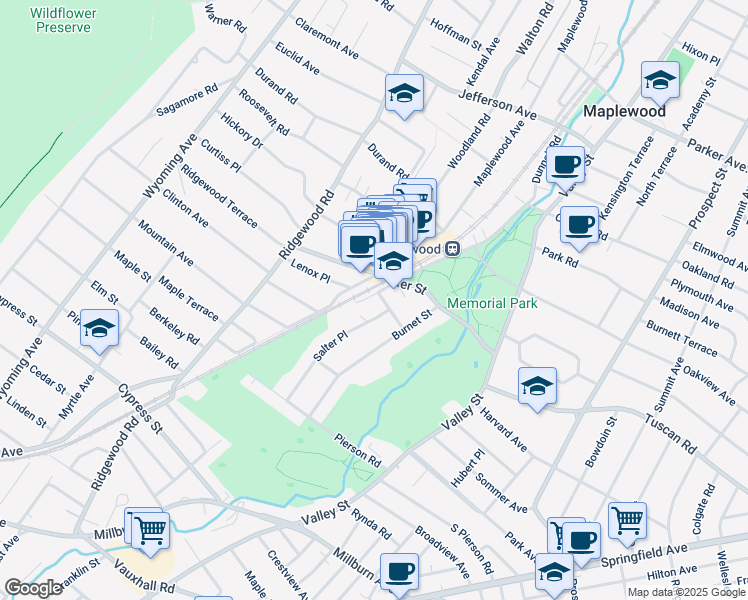 map of restaurants, bars, coffee shops, grocery stores, and more near 70 Maple Avenue in Maplewood