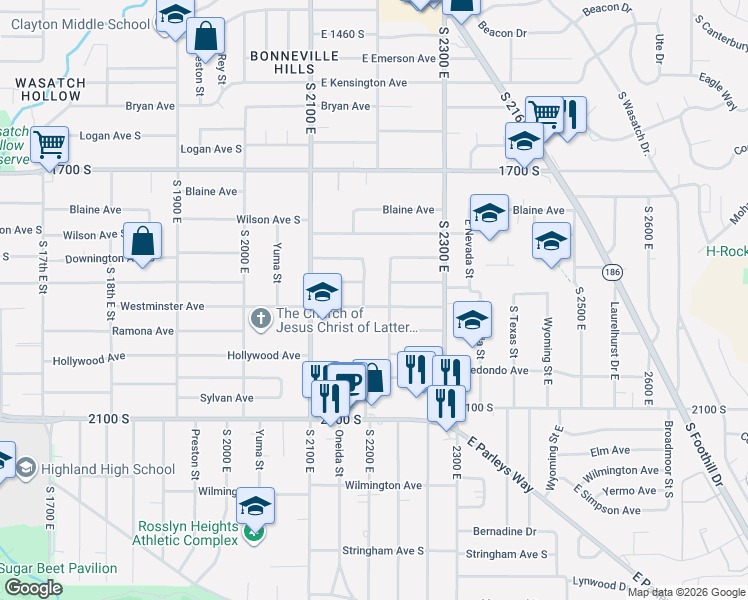 map of restaurants, bars, coffee shops, grocery stores, and more near 2191 Westminster Avenue in Salt Lake City