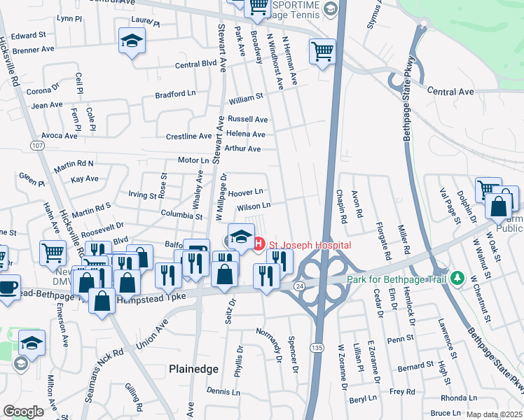 map of restaurants, bars, coffee shops, grocery stores, and more near 20 Wilson Lane in Bethpage