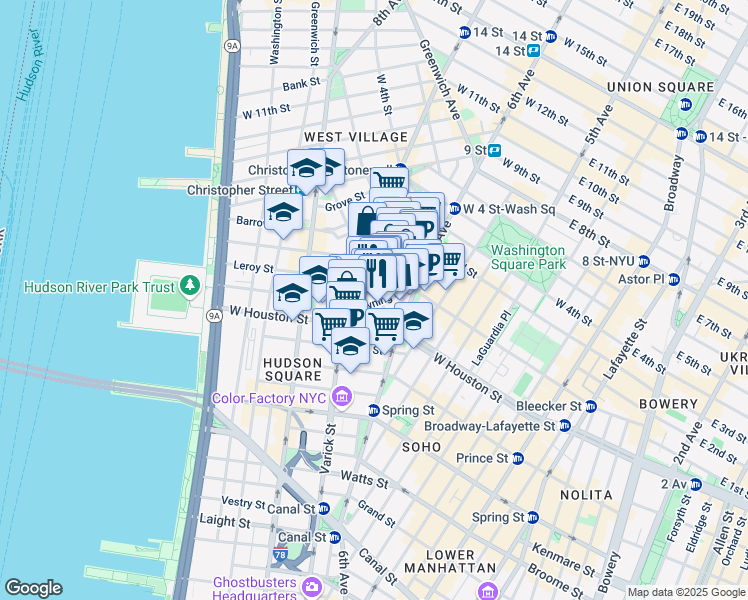 map of restaurants, bars, coffee shops, grocery stores, and more near 35 Bedford Street in New York