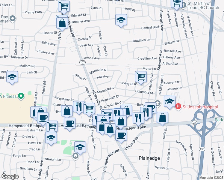 map of restaurants, bars, coffee shops, grocery stores, and more near 22 Martin Road South in Bethpage