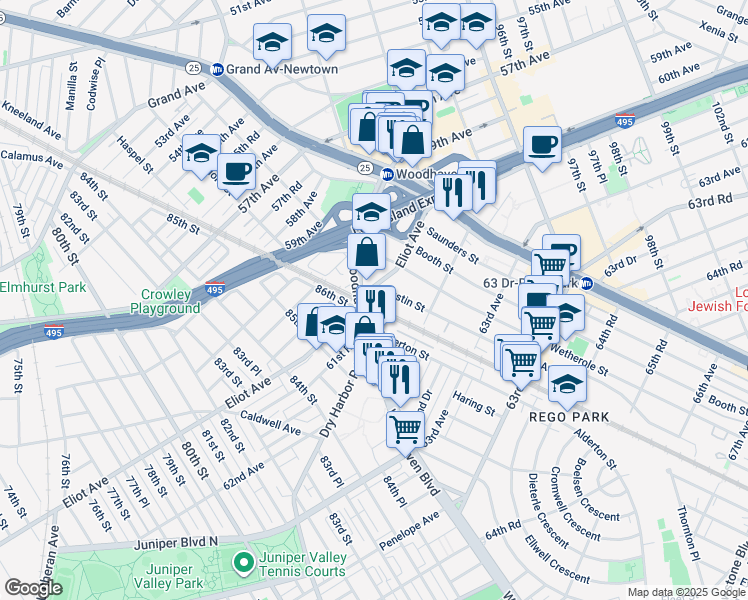 map of restaurants, bars, coffee shops, grocery stores, and more near 85-82 Eliot Avenue in Queens