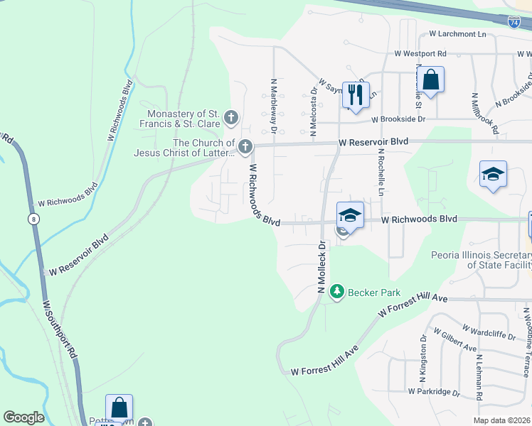 map of restaurants, bars, coffee shops, grocery stores, and more near 3500 North Marbleway Drive in Peoria