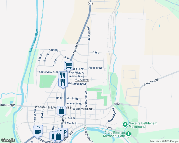 map of restaurants, bars, coffee shops, grocery stores, and more near 726 Market Street Northeast in Navarre