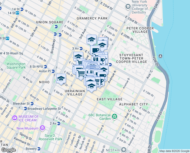 map of restaurants, bars, coffee shops, grocery stores, and more near East 11th Street in New York