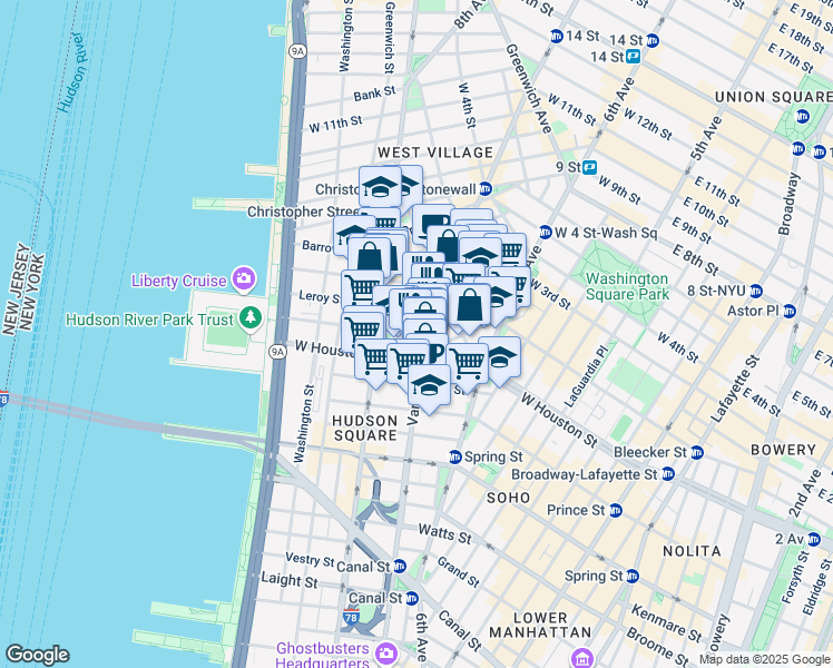 map of restaurants, bars, coffee shops, grocery stores, and more near 3 Clarkson Street in New York