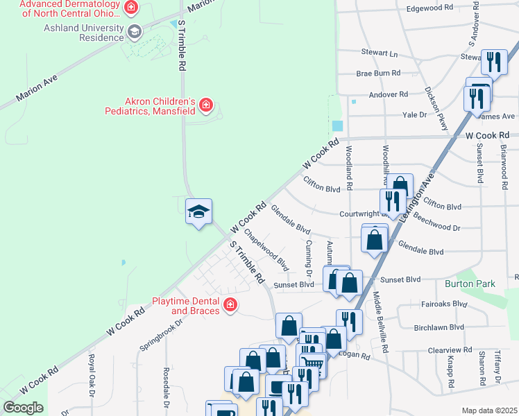 map of restaurants, bars, coffee shops, grocery stores, and more near 856 West Cook Road in Mansfield