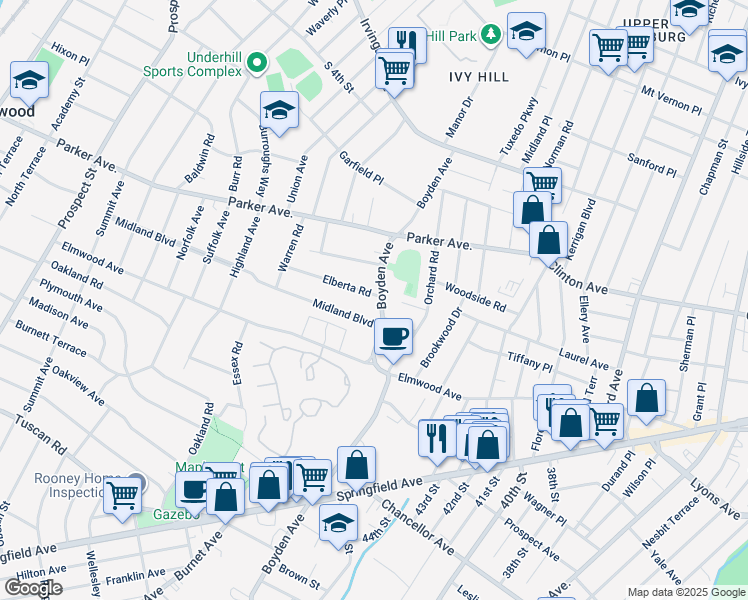 map of restaurants, bars, coffee shops, grocery stores, and more near 79 Boyden Avenue in Maplewood