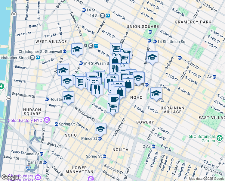 map of restaurants, bars, coffee shops, grocery stores, and more near 35 West 4th Street in New York