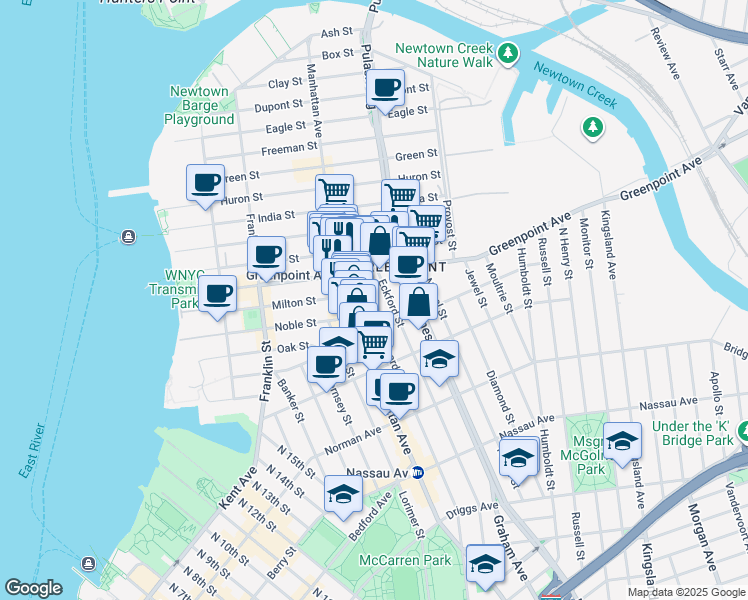 map of restaurants, bars, coffee shops, grocery stores, and more near 730 Leonard Street in Brooklyn