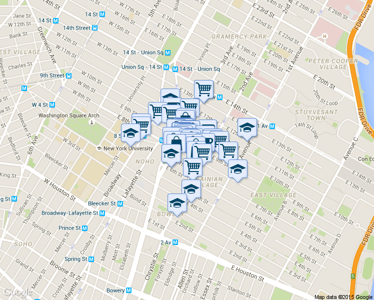 map of restaurants, bars, coffee shops, grocery stores, and more near 13 St Marks Pl in New York