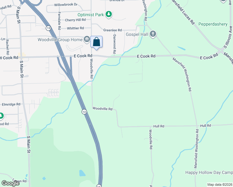 map of restaurants, bars, coffee shops, grocery stores, and more near 1195 Woodville Road in Mansfield
