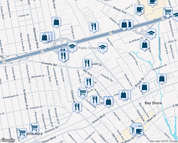 map of restaurants, bars, coffee shops, grocery stores, and more near 301 4th Avenue in Bay Shore