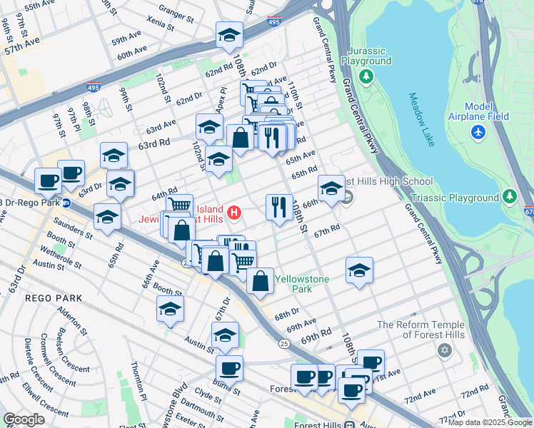 map of restaurants, bars, coffee shops, grocery stores, and more near 105-20 66th Avenue in Queens
