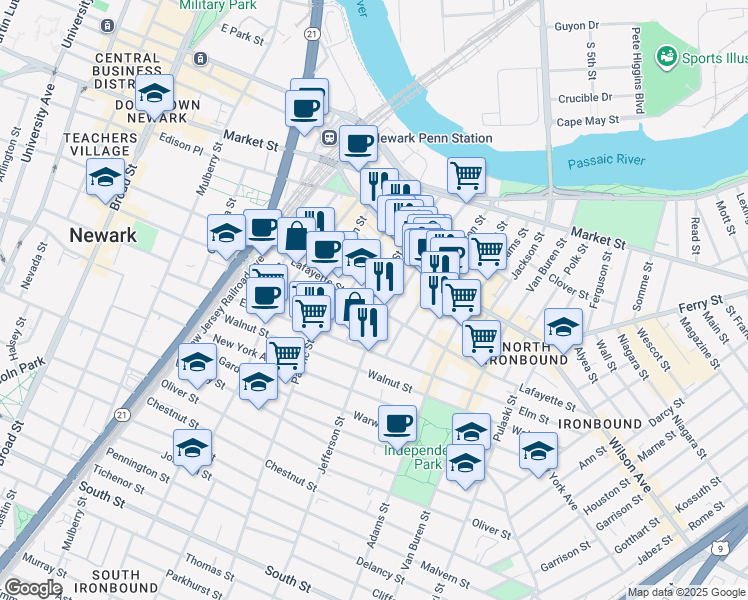 map of restaurants, bars, coffee shops, grocery stores, and more near 108 Congress Street in Newark