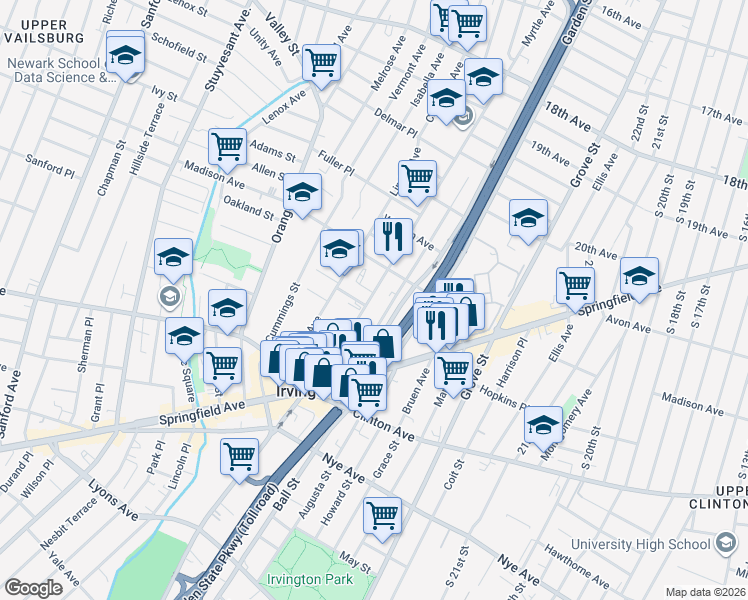 map of restaurants, bars, coffee shops, grocery stores, and more near 98 Myrtle Avenue in Irvington