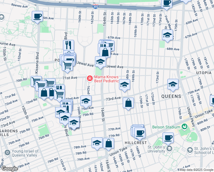 map of restaurants, bars, coffee shops, grocery stores, and more near 71-36 165th Street in Queens