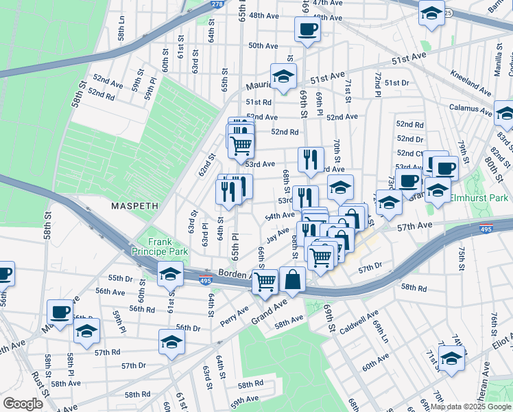 map of restaurants, bars, coffee shops, grocery stores, and more near 53-73 66th Street in Queens