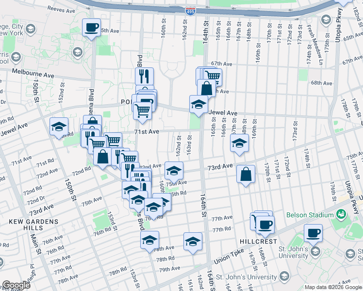 map of restaurants, bars, coffee shops, grocery stores, and more near 71-33 162nd Street in Queens