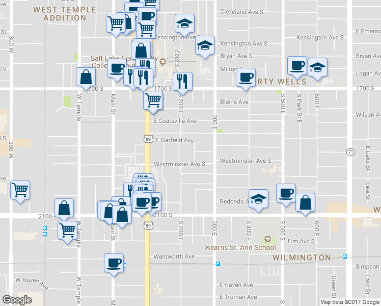 map of restaurants, bars, coffee shops, grocery stores, and more near 1873 South 200 East in Salt Lake City