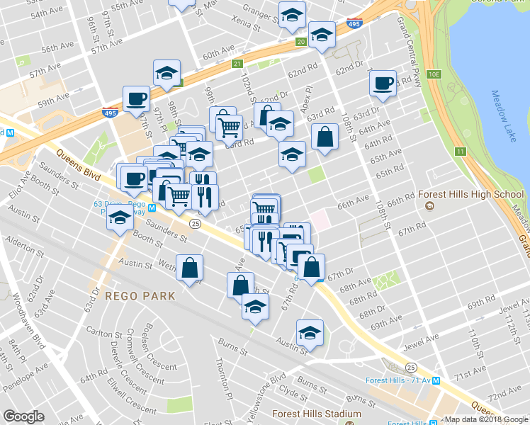 map of restaurants, bars, coffee shops, grocery stores, and more near 6509 99th Street in Queens