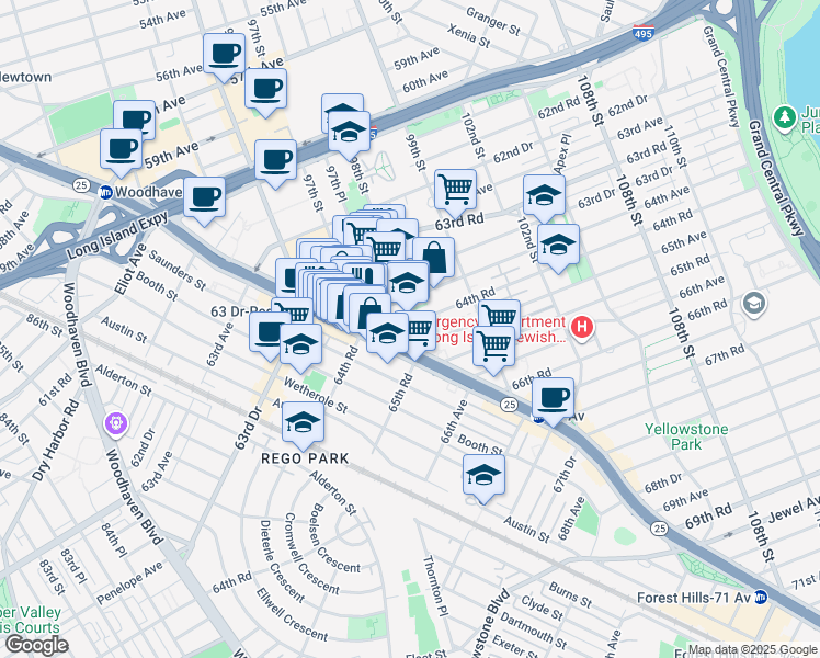 map of restaurants, bars, coffee shops, grocery stores, and more near 97-30 64th Road in Queens