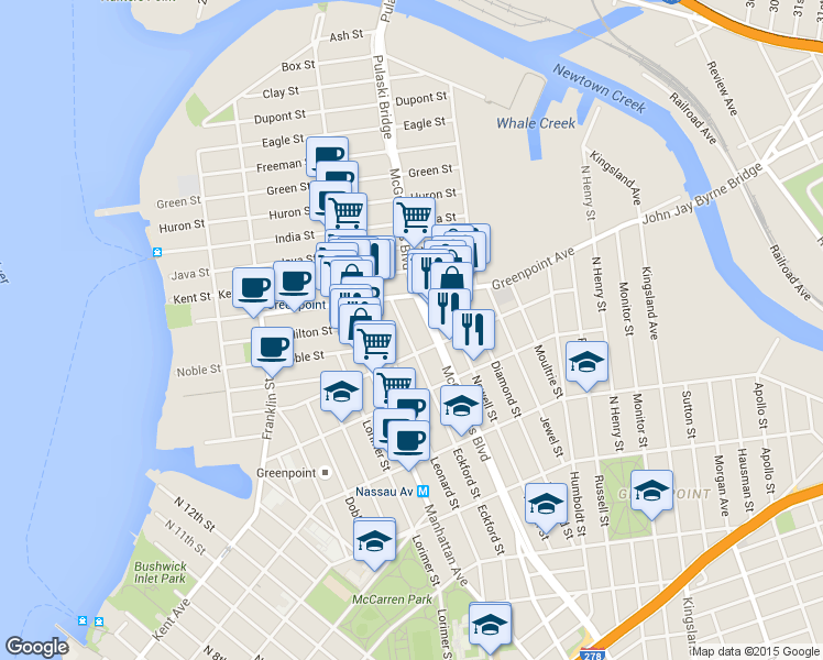 map of restaurants, bars, coffee shops, grocery stores, and more near 211 McGuinness Boulevard in Brooklyn