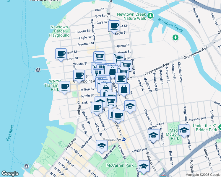 map of restaurants, bars, coffee shops, grocery stores, and more near 730 Leonard Street in Brooklyn