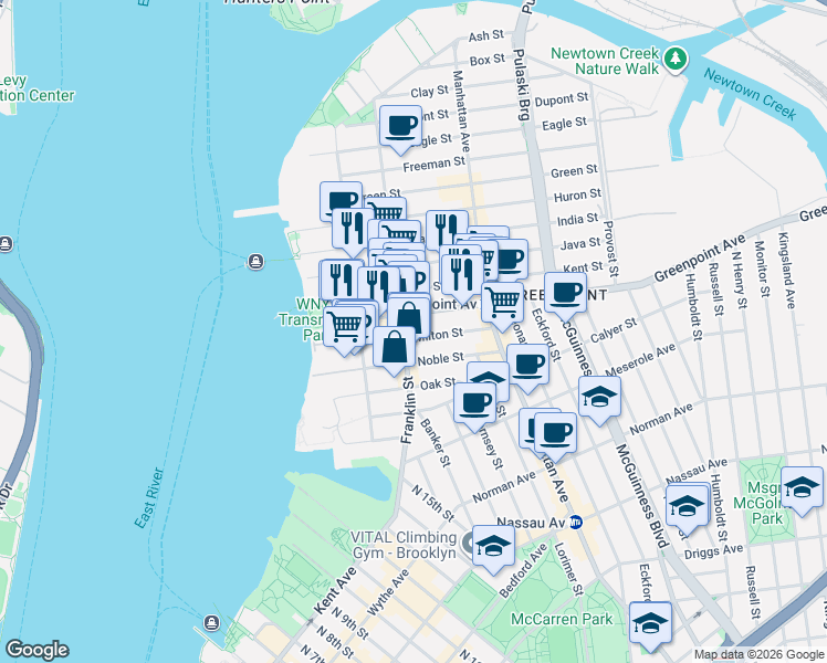 map of restaurants, bars, coffee shops, grocery stores, and more near 134 Franklin Street in Brooklyn