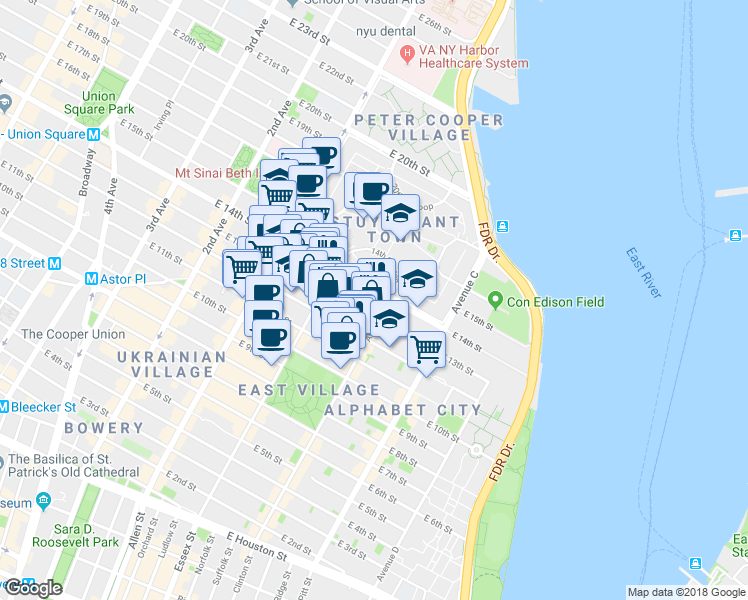 map of restaurants, bars, coffee shops, grocery stores, and more near 215 Avenue B in New York