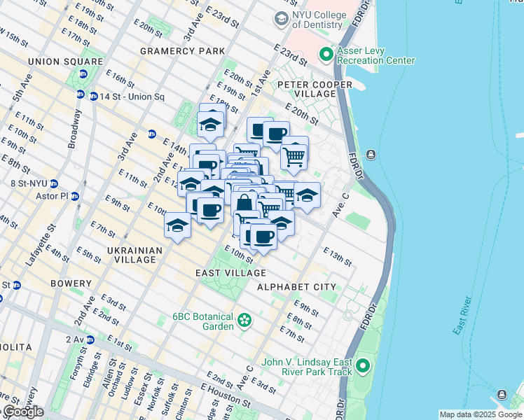 map of restaurants, bars, coffee shops, grocery stores, and more near 515 East 13th Street in New York