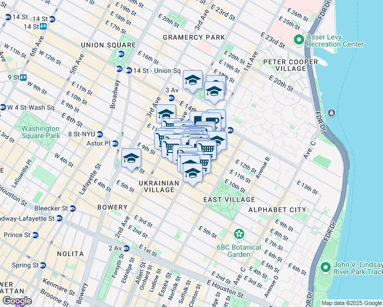 map of restaurants, bars, coffee shops, grocery stores, and more near 342 East 11th Street in New York