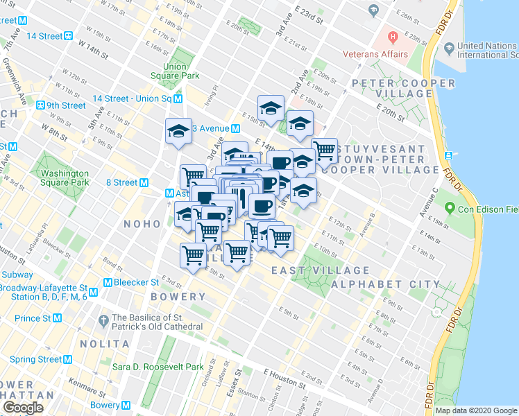 map of restaurants, bars, coffee shops, grocery stores, and more near 213 East 10th Street in New York