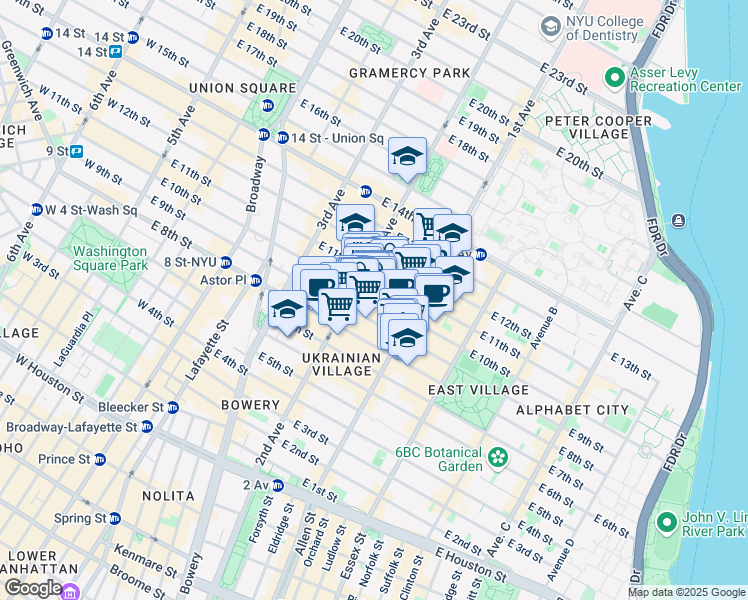 map of restaurants, bars, coffee shops, grocery stores, and more near 213 East 10th Street in New York