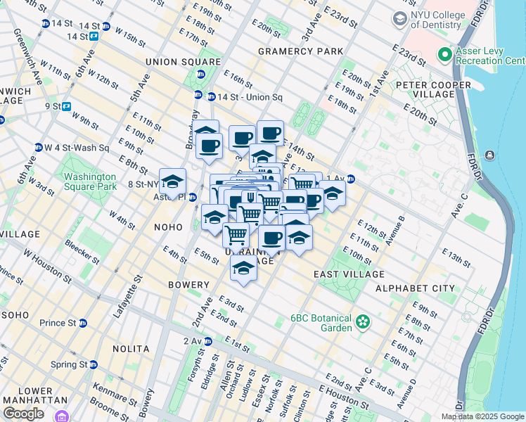 map of restaurants, bars, coffee shops, grocery stores, and more near 149 2nd Avenue in New York