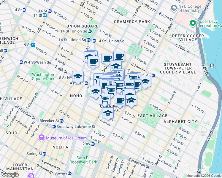 map of restaurants, bars, coffee shops, grocery stores, and more near 149 2nd Avenue in New York