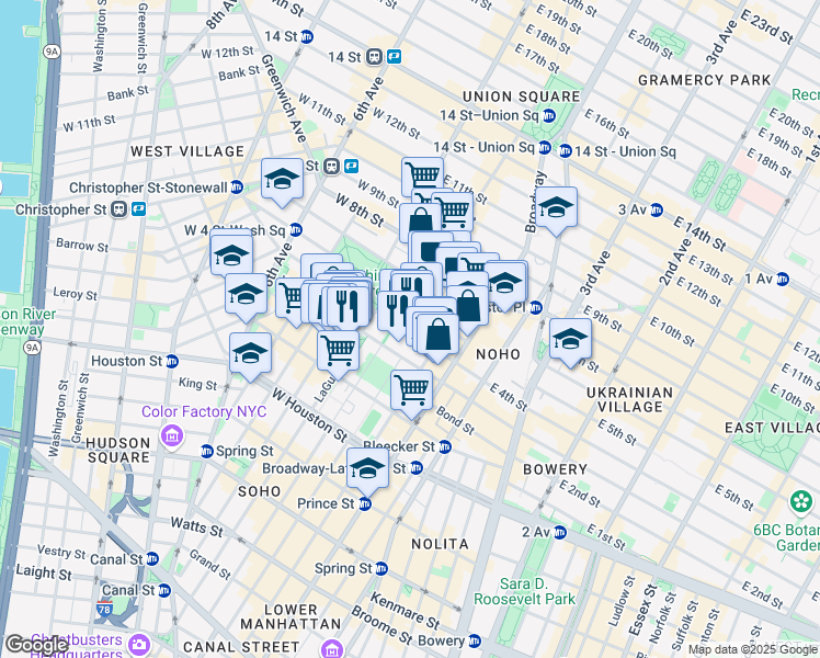 map of restaurants, bars, coffee shops, grocery stores, and more near 44 W 4th Street in New York