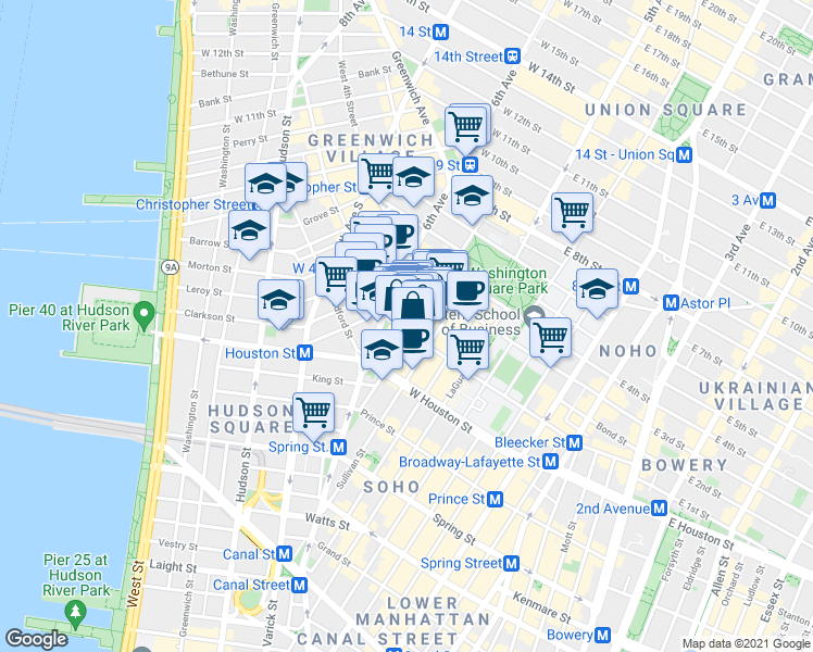 map of restaurants, bars, coffee shops, grocery stores, and more near 190 Bleecker Street in New York