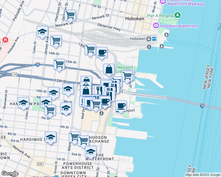 map of restaurants, bars, coffee shops, grocery stores, and more near in Jersey City