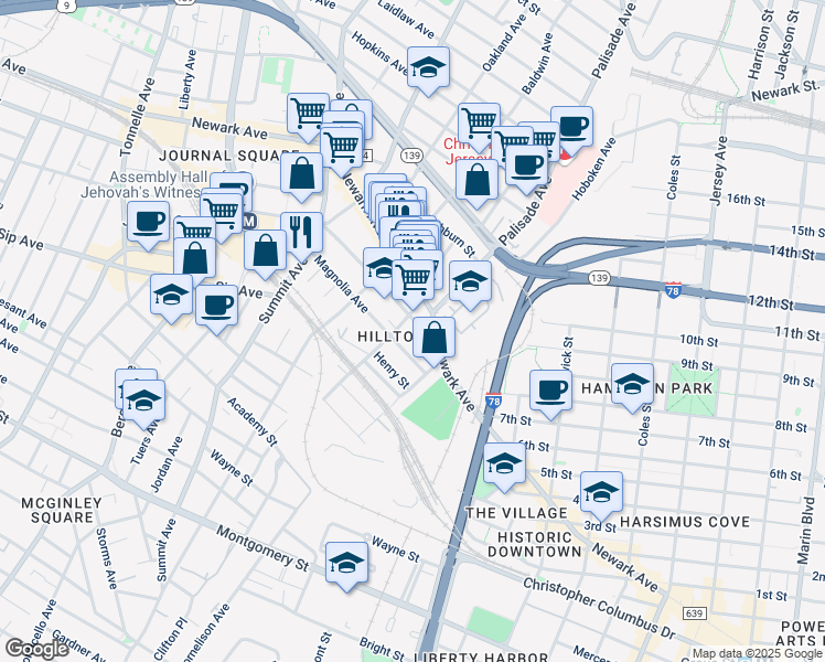 map of restaurants, bars, coffee shops, grocery stores, and more near in Jersey City