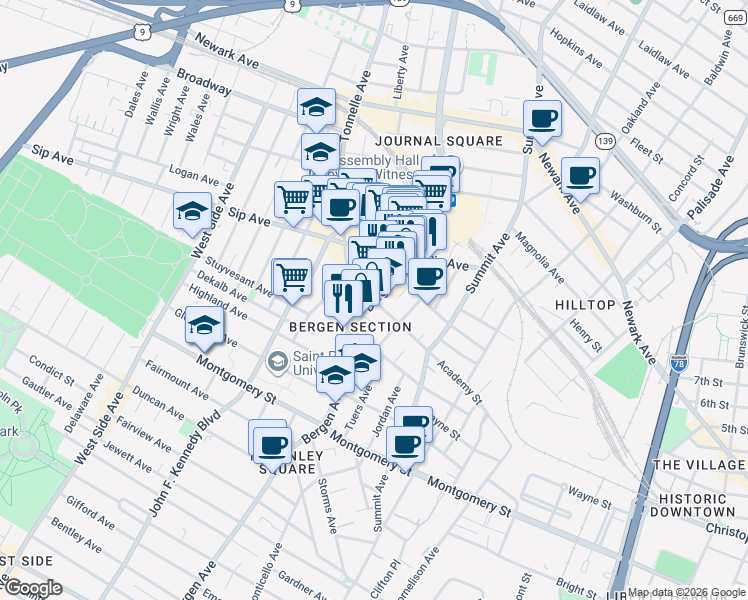 map of restaurants, bars, coffee shops, grocery stores, and more near in Jersey City