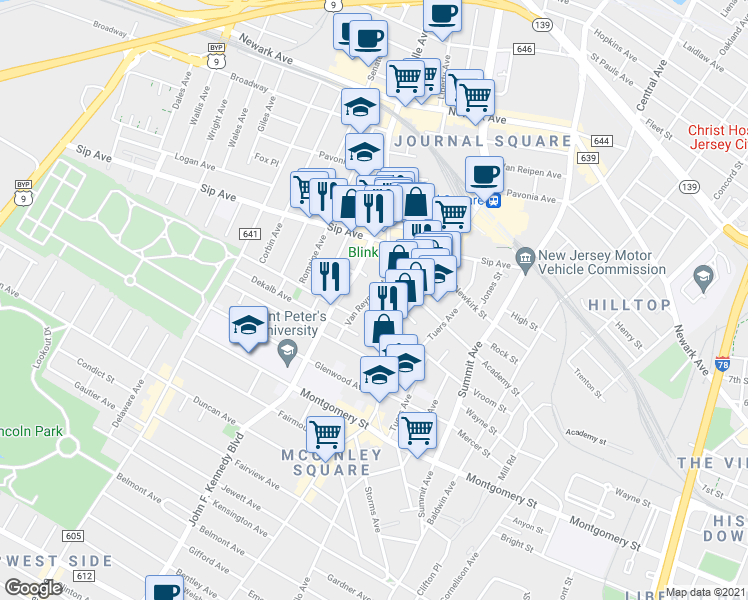 map of restaurants, bars, coffee shops, grocery stores, and more near 51 Van Reypen Street in Jersey City