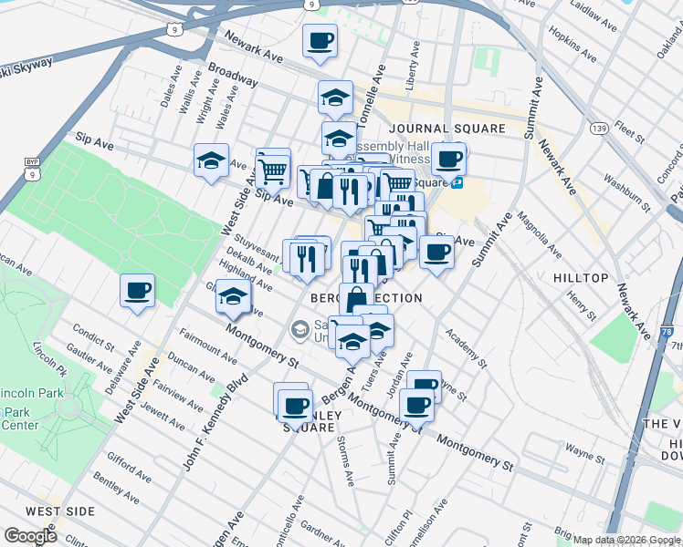 map of restaurants, bars, coffee shops, grocery stores, and more near 51 Van Reypen Street in Jersey City