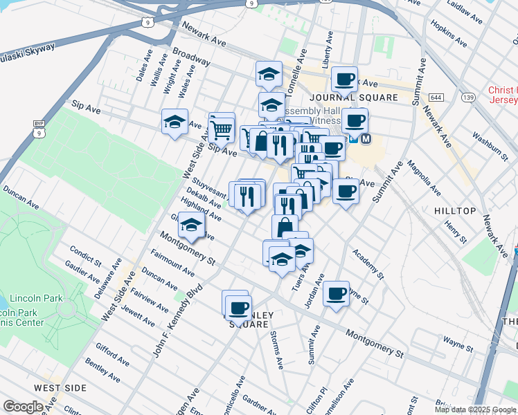 map of restaurants, bars, coffee shops, grocery stores, and more near 51 Van Reypen Street in Jersey City