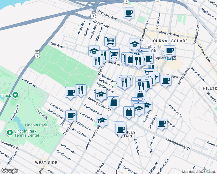 map of restaurants, bars, coffee shops, grocery stores, and more near 98 Dekalb Avenue in Jersey City
