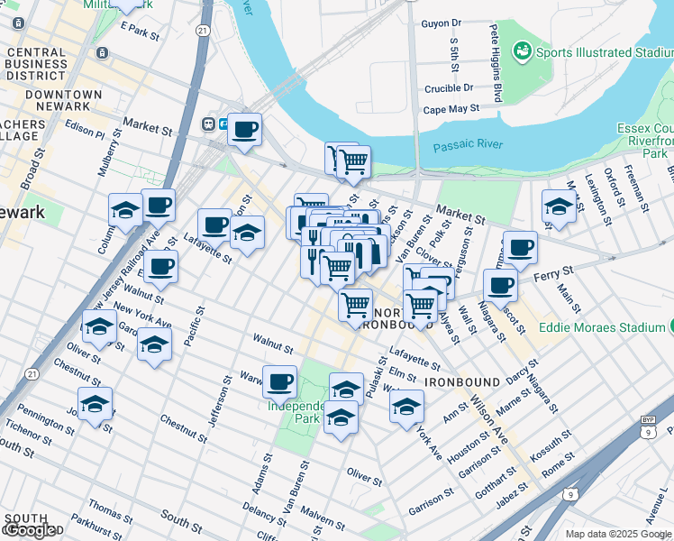 map of restaurants, bars, coffee shops, grocery stores, and more near in Newark